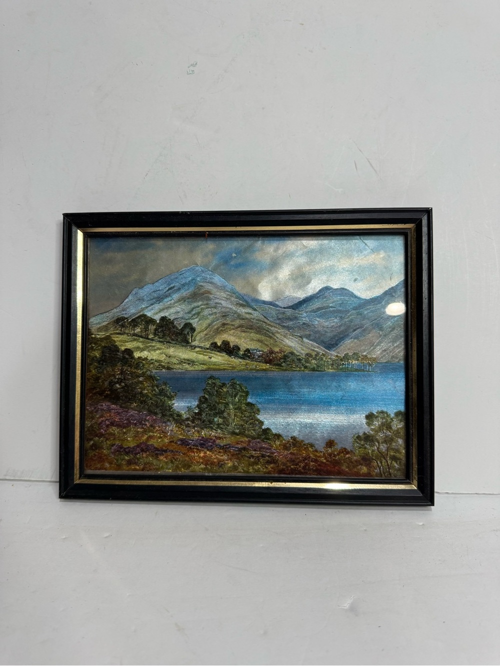 Vintage Framed Scenic Mountain Lake Landscape Foil Metallic Wall Art